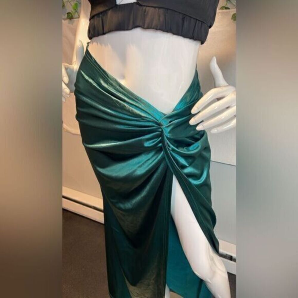 Micas Emerald Sexy Side Split Asymmetrical Wrap Midi Ruched Satin Size M